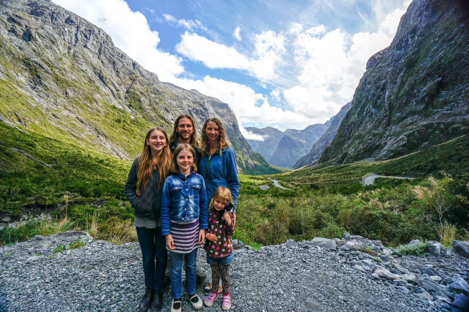 The five of us on the road to Milford Sound, New Zealand